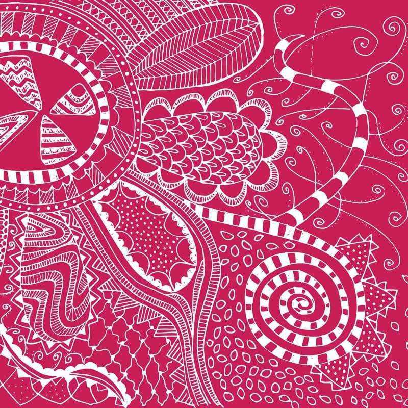 Intricate white doodle patterns on a crimson background
