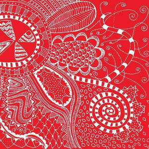 Intricate red and white mandala-inspired pattern