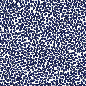 Square image of a complex navy blue floral petal pattern on a white background