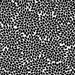Black and white petal-like shapes forming a dense, abstract pattern