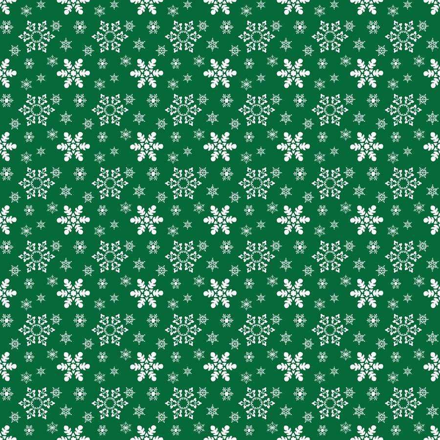 Green background with white snowflake-like floral patterns