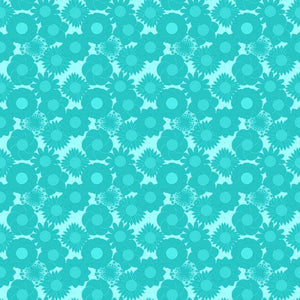 Repeating pattern of aqua floral designs on a lighter aqua background