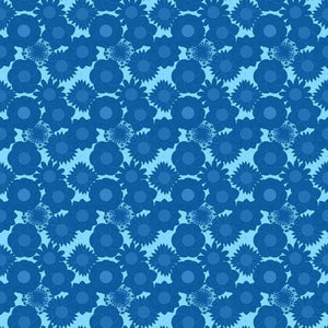 A floral pattern in various shades of blue