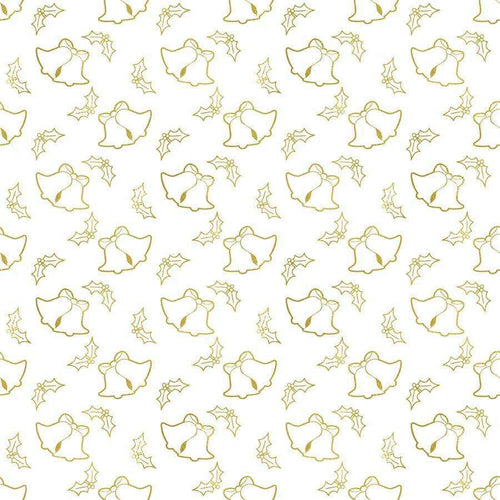 A repeated pattern of golden bells and holly leaves on a cream background