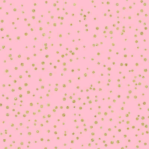 A pink background with scattered golden polka dots pattern