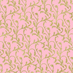 A seamless pattern of glittering golden vine swirls on a pink background