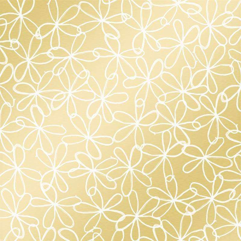 Interlinked white floral line art on a golden background