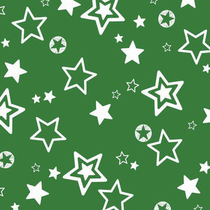 Assorted white star patterns on a vibrant green background