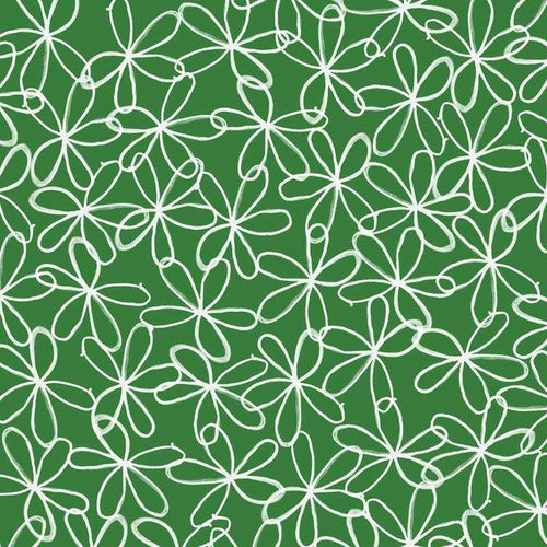 White floral patterns on a green background