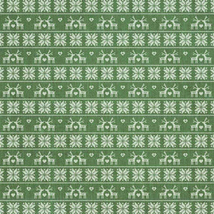 Green and white knitted pattern with reindeer and snowflakes