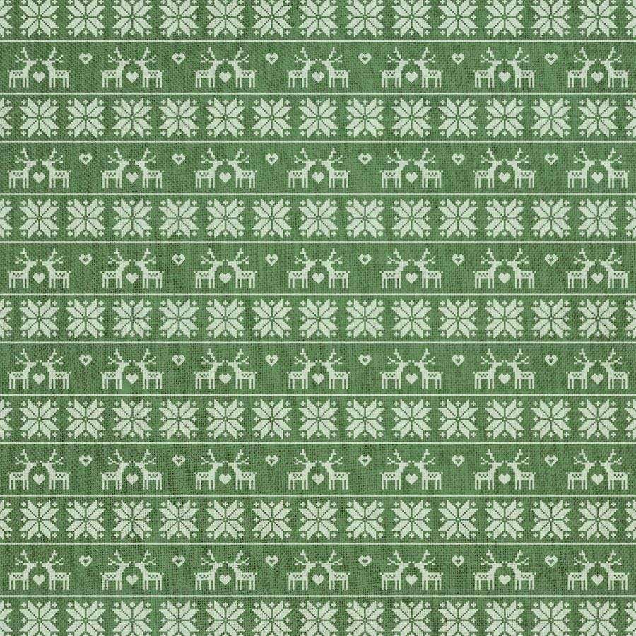 Green and white knitted pattern with reindeer and snowflakes