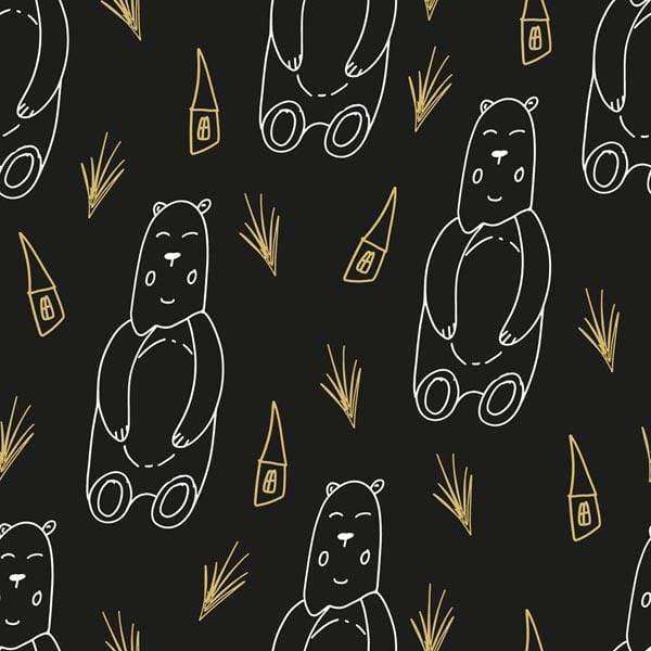 Hand-drawn bears and forest cabins pattern on black background