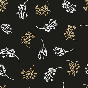 Botanical print with white and gold leaves on a black background