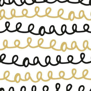 Seamless black and gold squiggle line pattern on a white background