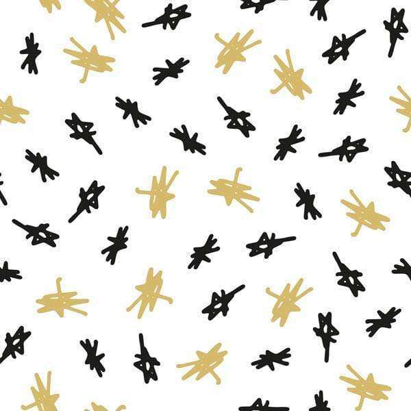 Abstract pattern with black and gold brushstrokes on a white background