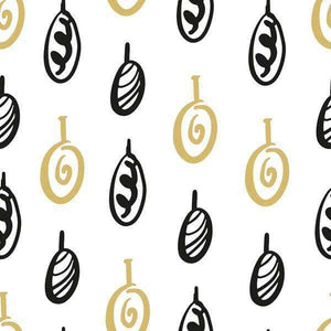 Black and gold abstract pattern with swirling shapes and spherical forms on a white background