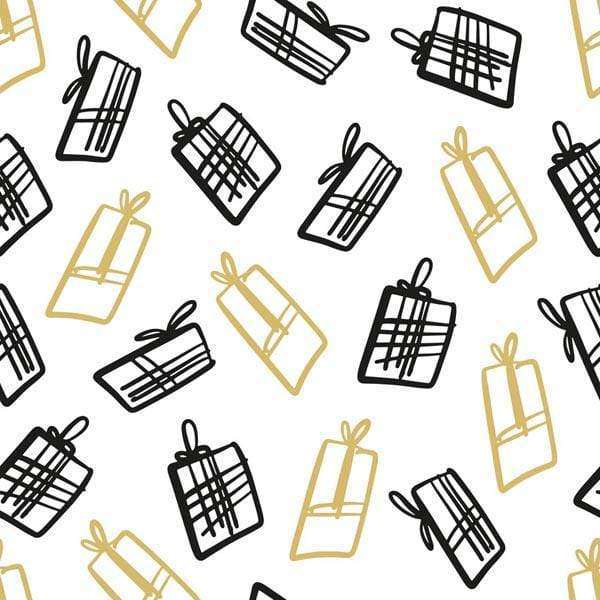 Seamless pattern with stylized gift boxes in black and gold on white background
