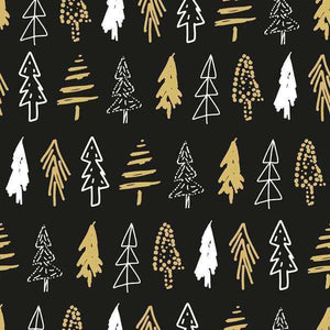 Artistic doodle pattern of pine trees on a dark background