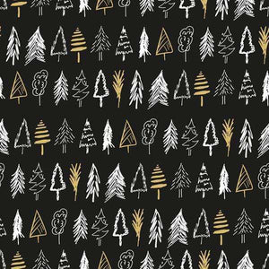 Hand-drawn style trees on a dark background pattern