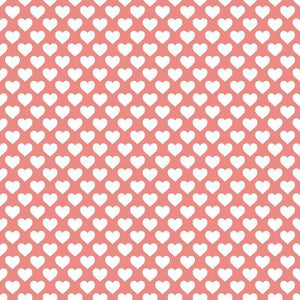 Repeated white heart pattern on a salmon pink background