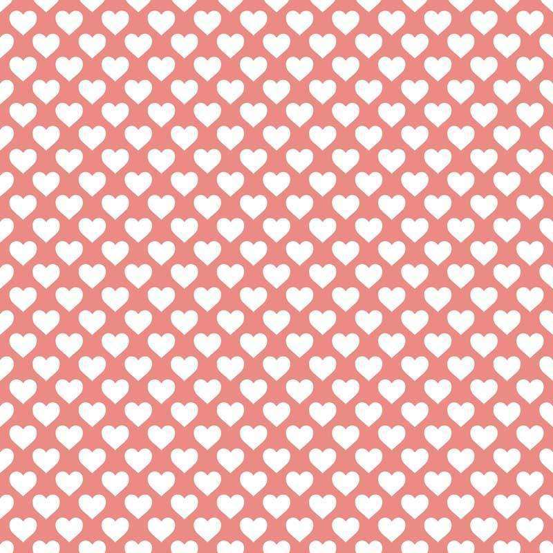 Repeated white heart pattern on a salmon pink background