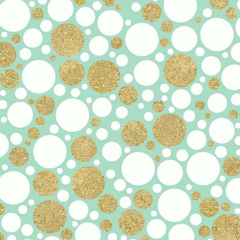 A pattern with aqua background and scattered white and gold glitter circles