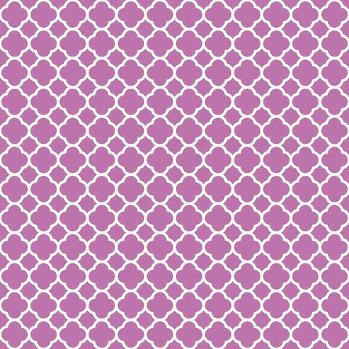 Repeated lavender quatrefoil pattern on a grey background