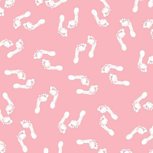 White footprint pattern on a pastel pink background