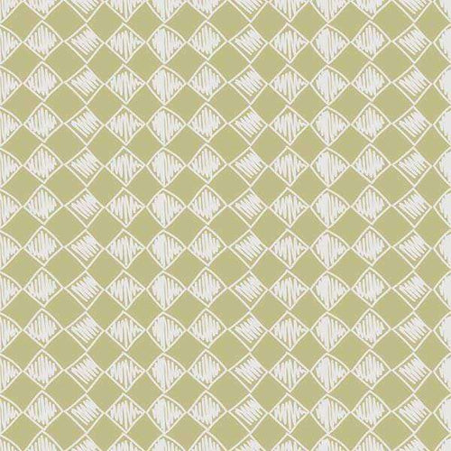 Abstract geometric pattern with sketched lines in white on an olive green backdrop