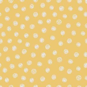 Hand-drawn white yarn balls on a mustard yellow background