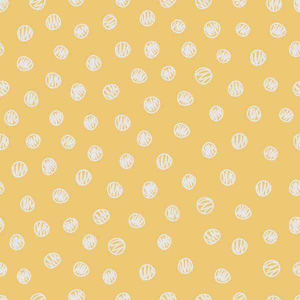 Hand-drawn white yarn balls on a mustard yellow background