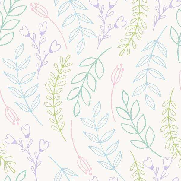 Hand-drawn style botanical pattern with leaves and flowers