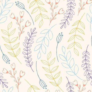 Hand-drawn floral pattern with various botanical illustrations