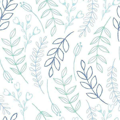 Hand-drawn botanical pattern with blue and green foliage on a white background