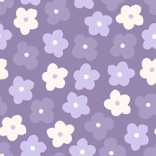 Seamless floral pattern with varying shades of purple flowers on a deep lavender background