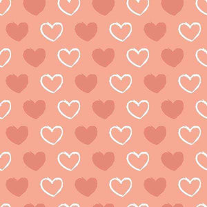 Heart patterns in varying styles on a peach pink background
