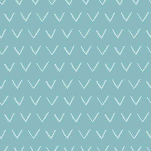 Repeating pattern of white chevrons on a cyan background