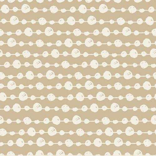 Repeated cotton boll pattern on a taupe background