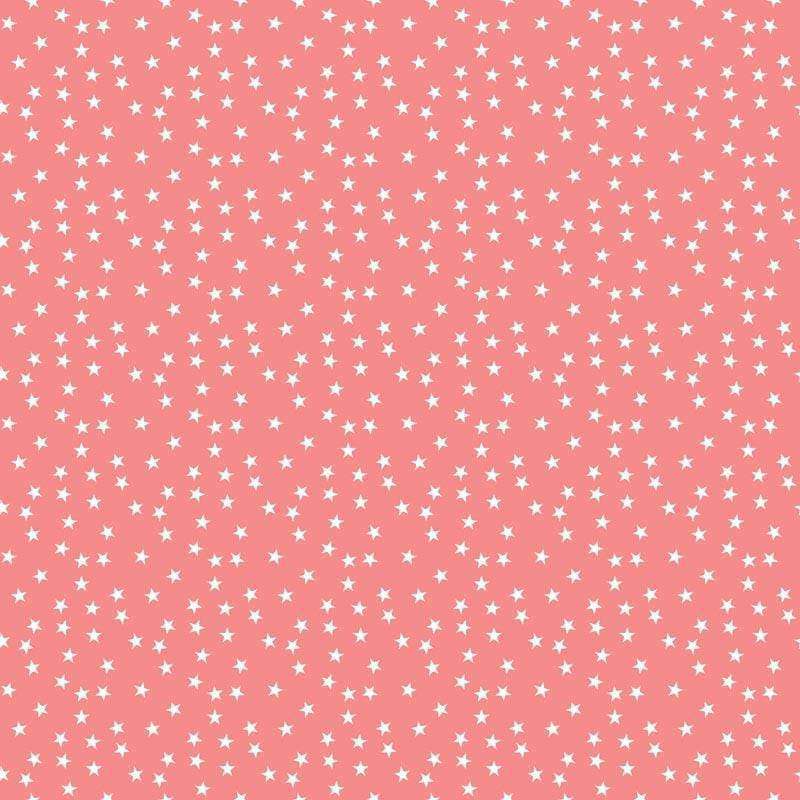 A repeating pattern of white stars on a blush pink background