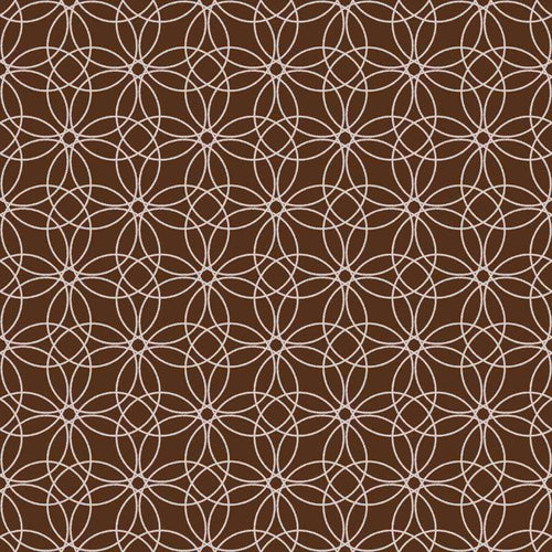 Intricate interlocking geometric pattern in white on a rich brown background