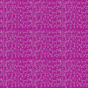 Repeating pattern of white alphabetic characters on a purple background