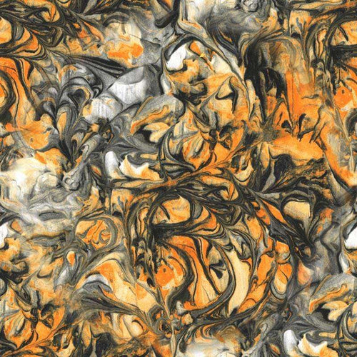 Abstract swirled pattern in orange, black, and white