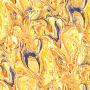Abstract marbled pattern with golden, blue, and orange swirls