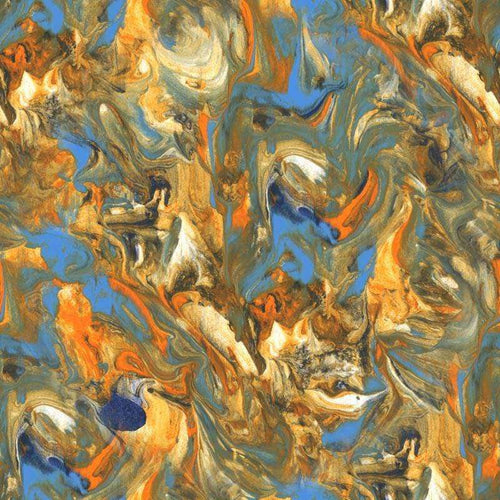 Abstract marbled pattern in orange, blue, and white tones