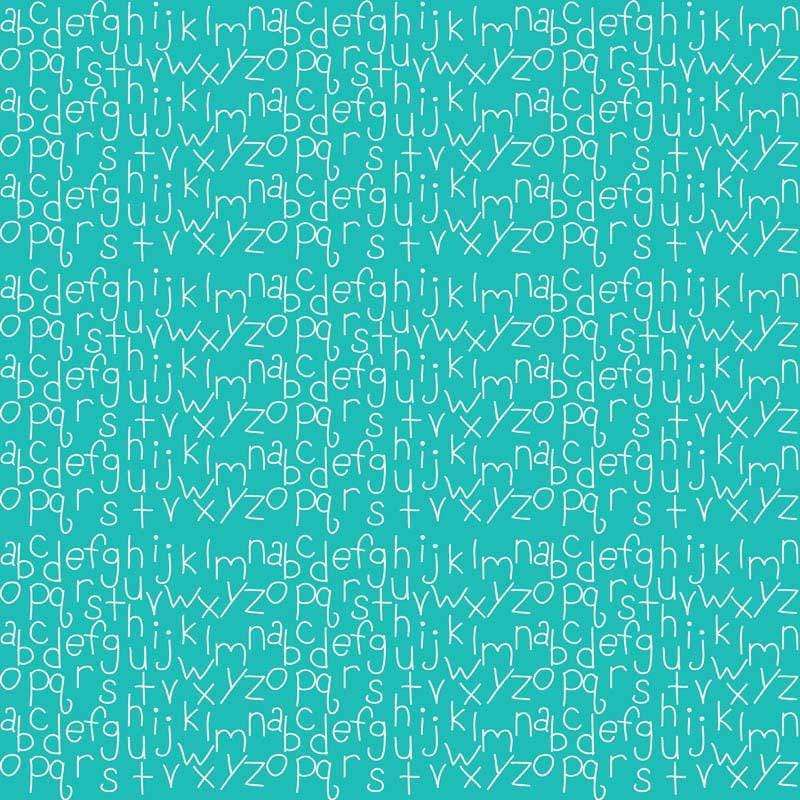 Teal background with a white lowercase alphabet pattern