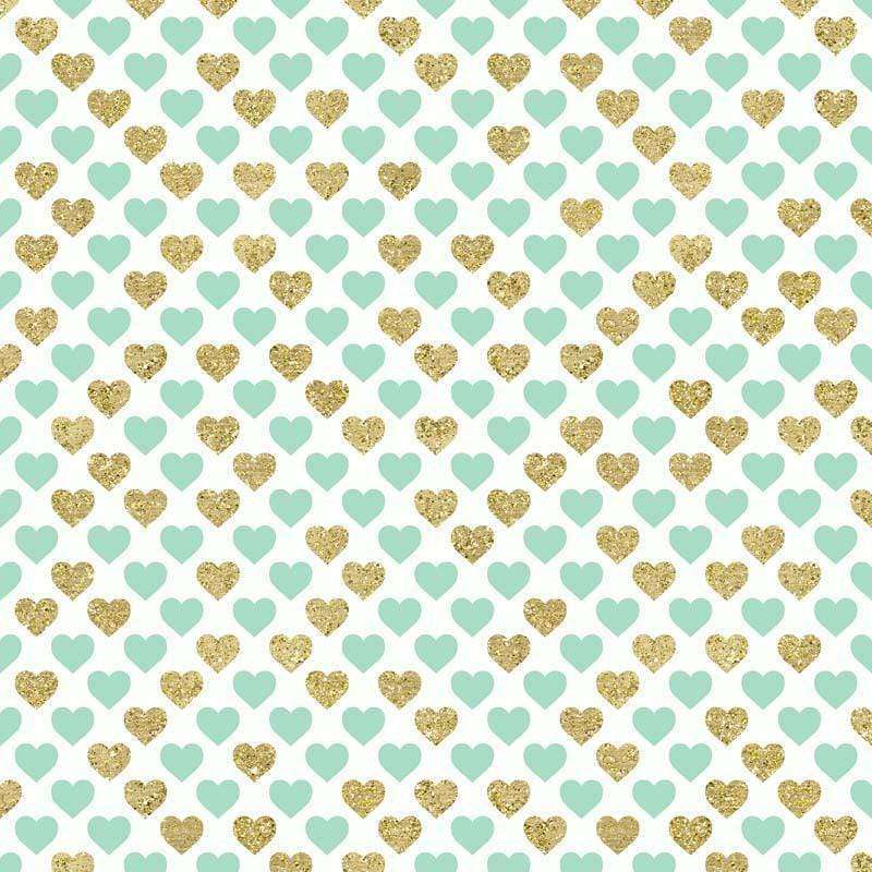 Alternating turquoise and gold glitter hearts on a white background