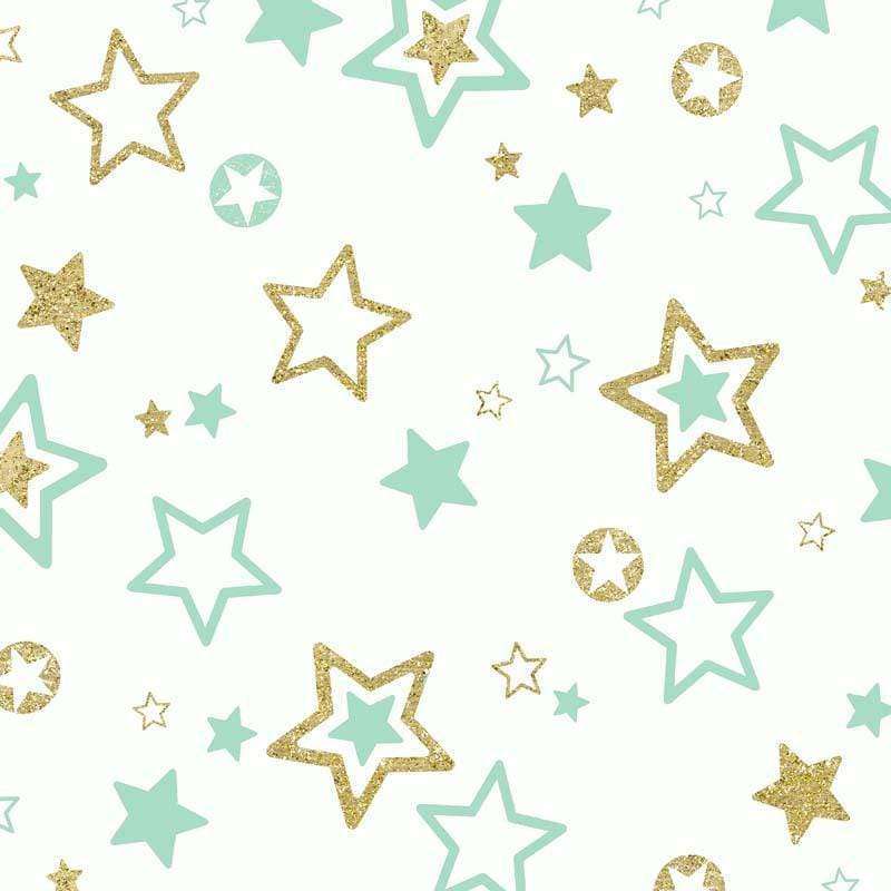 Assorted stars in gold glitter and aqua on a cream background