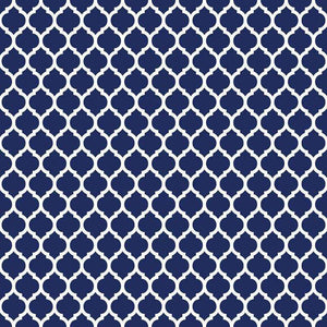 Navy blue and white quatrefoil lattice pattern