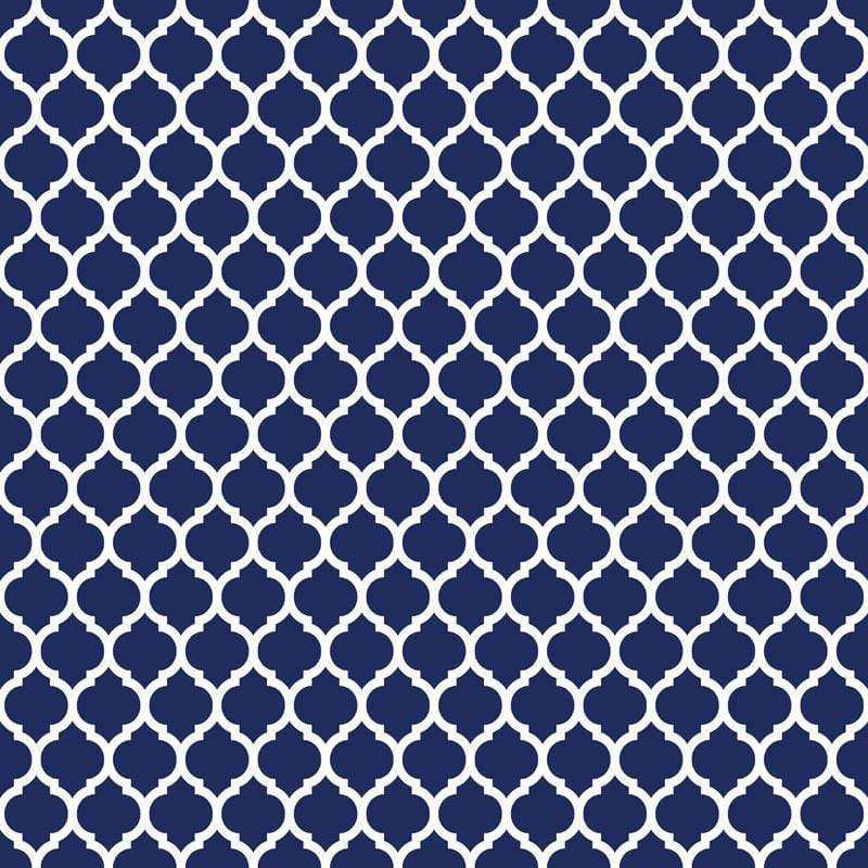 Navy blue and white quatrefoil lattice pattern