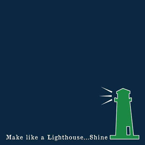 Illustration of a green lighthouse with beams of light on a navy blue background with inspirational quote